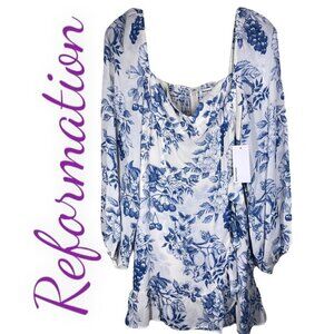 NWT REFORMATION Cammi Ruffle Smocked Mini Dress In Corsica Blue Floral Print, 8